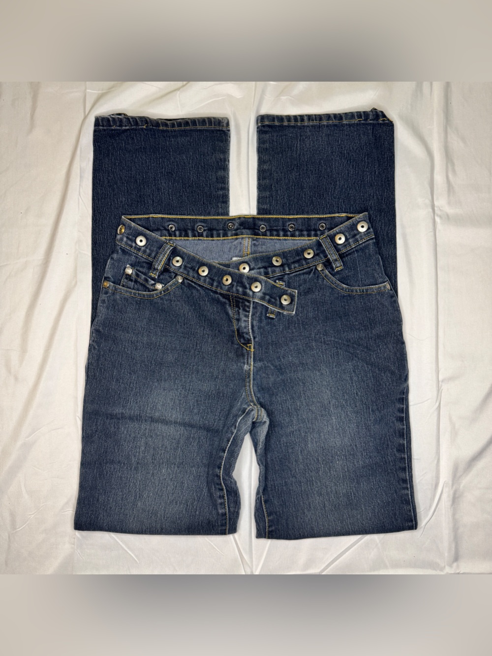 Y2K No Boundaries Low Rise Flare Jeans with Grommet Waist Details
